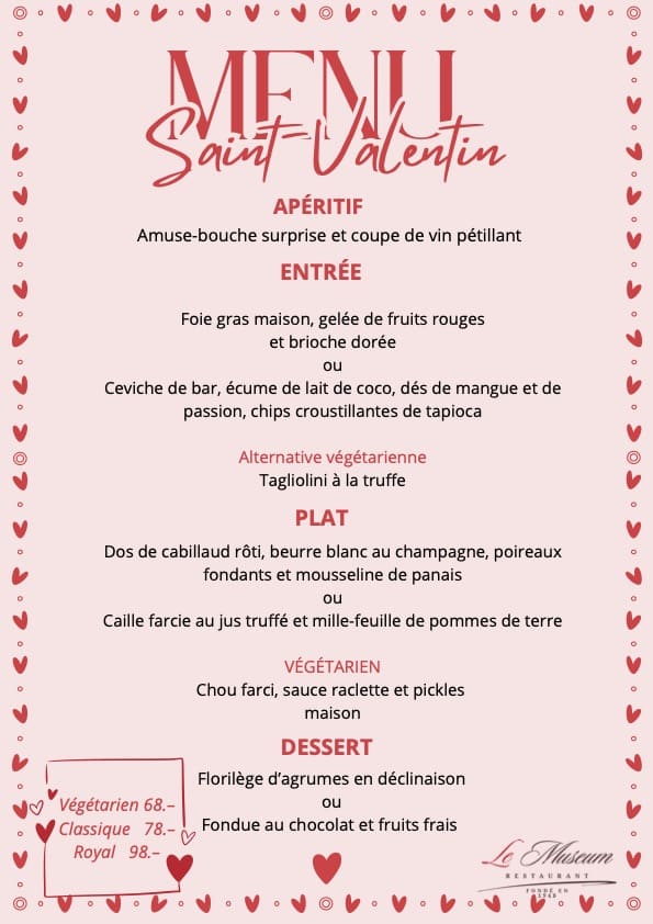 Menu Saint Valentin au Restaurant Le Museum